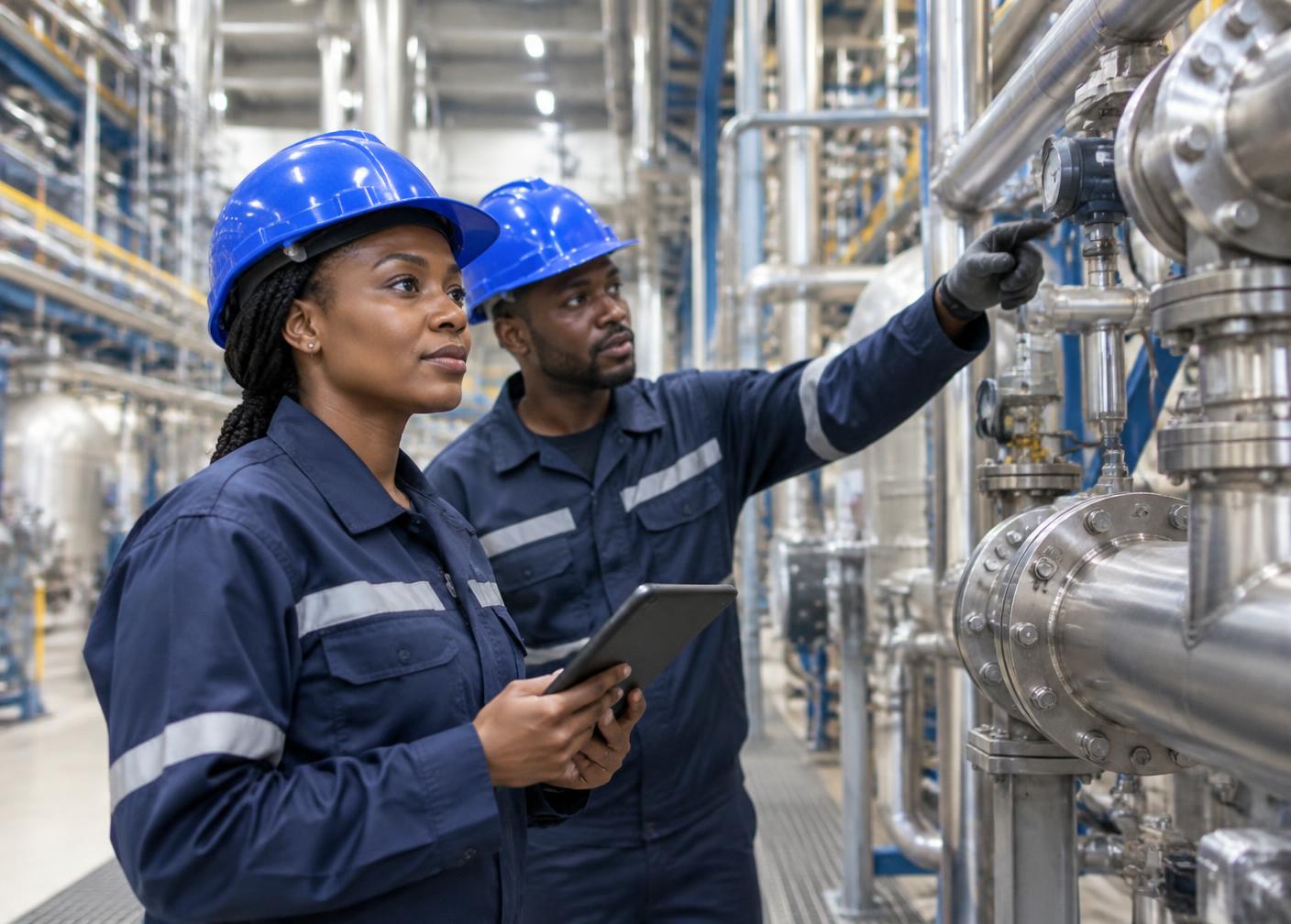 Ingénieurs africains inspectant une installation industrielle